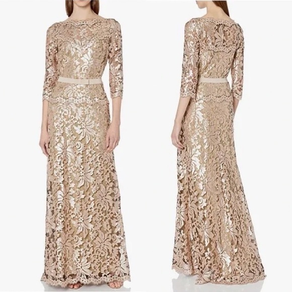 Tadashi Shoji Dresses & Skirts - TADASHI SHOJI | Gold Lace 3/4 Sleeve Sequin Evening Gown | 2